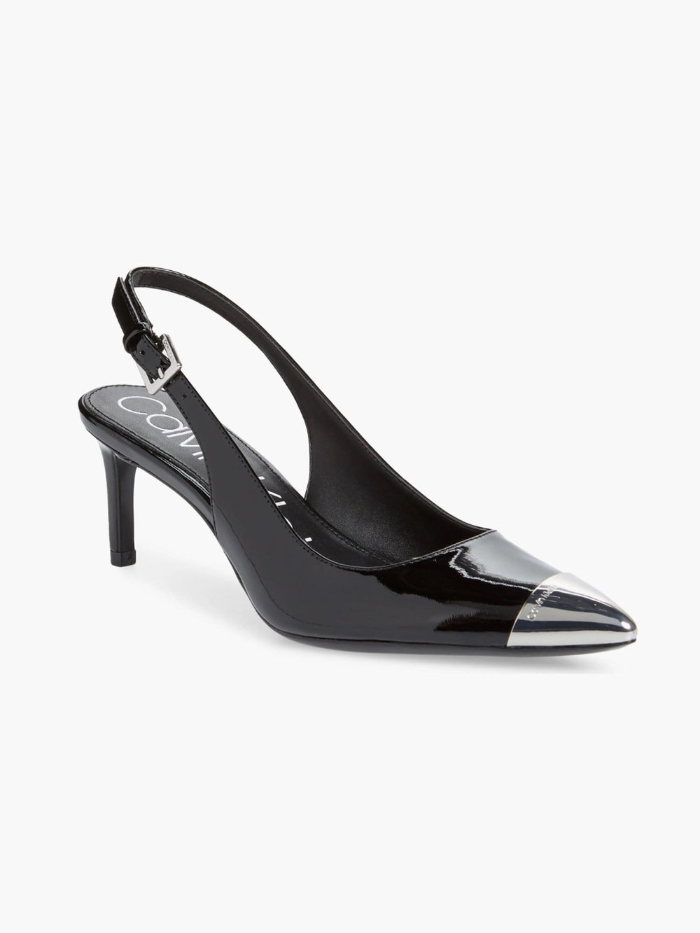 Calvin Klein Reina Black Patent Slingback Metal Capped-Toe Pump
